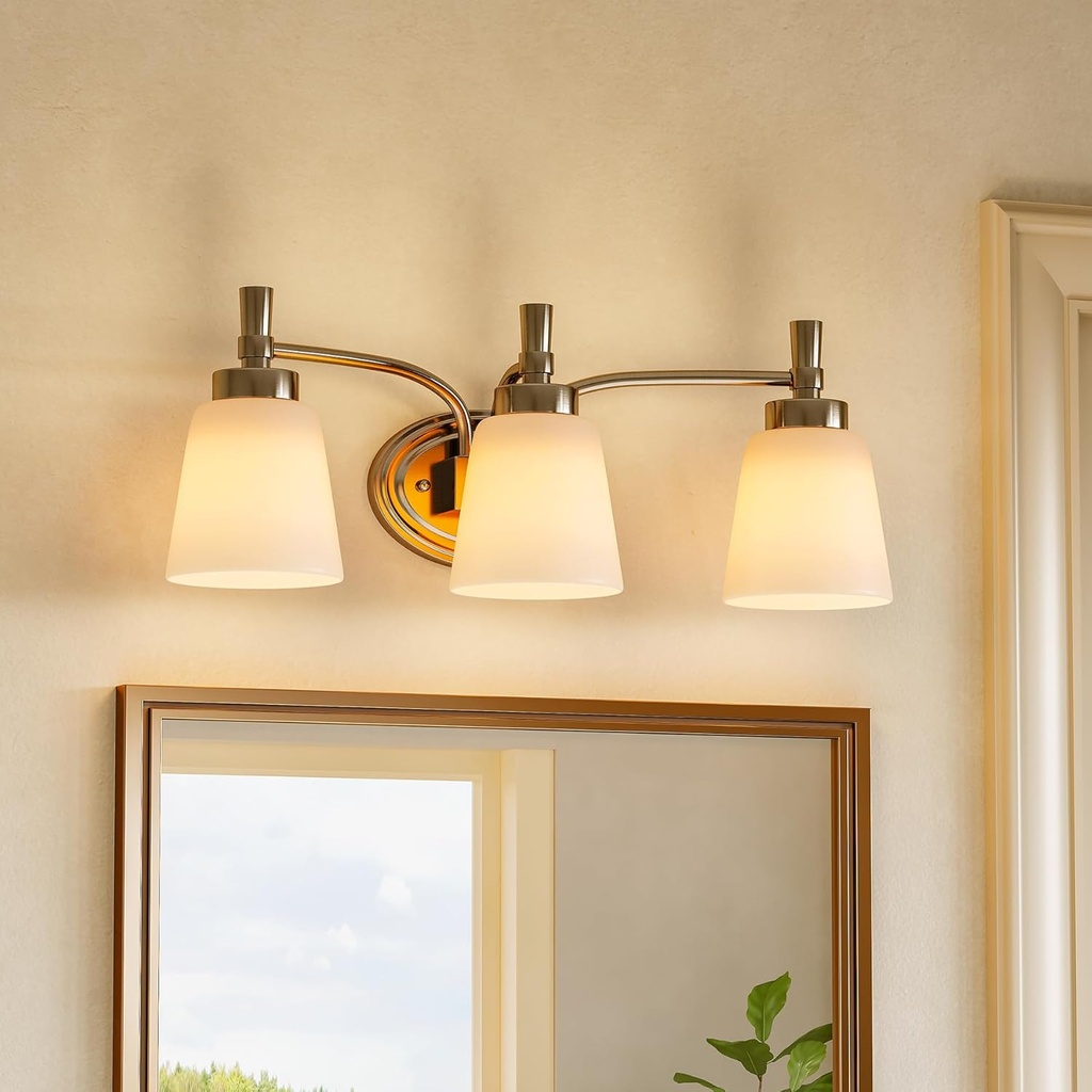 Tribesigns Bathroom Vanity Light Over Mirror, 3 Light Brushed Nickel Bathroom Light Fixtures with Frosted Glass, Modern Vanity Lighting Wall Mount for Hallway Bedroom, Milk White