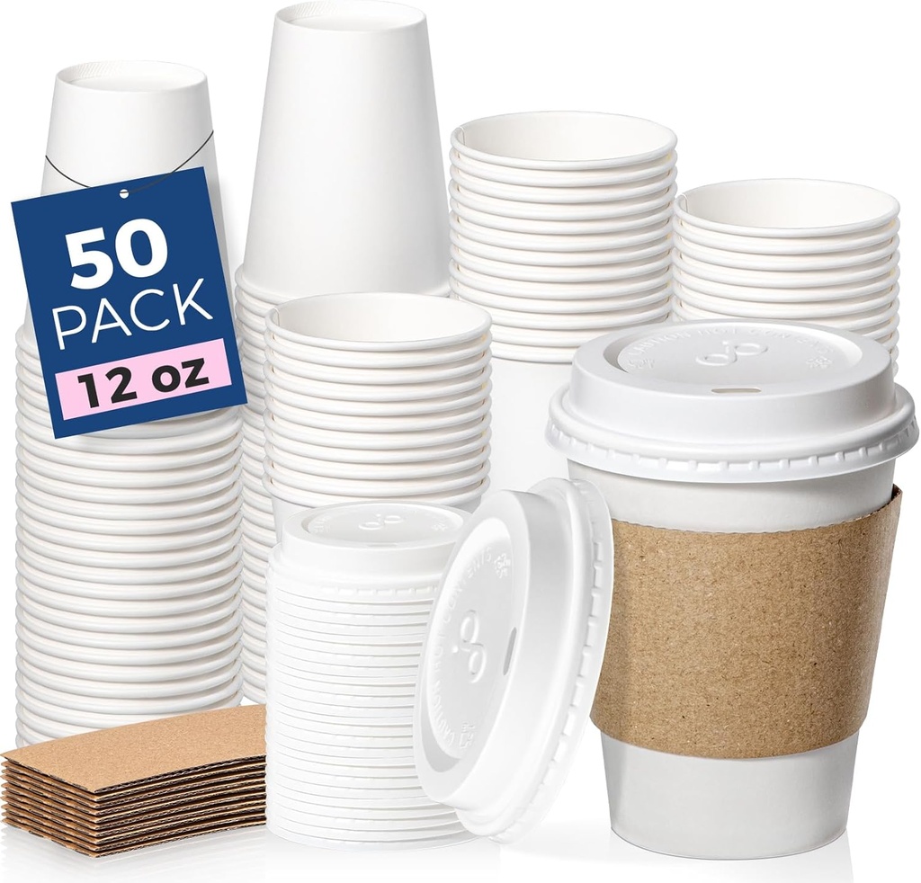 Fit Meal Prep 50 Pack 12 oz Disposable Coffee Cups with Lids, Sleeves, Leak-Proof To Go Coffee Cups with Lids, Durable Hot Paper Cups for Home, Office, Party, Business