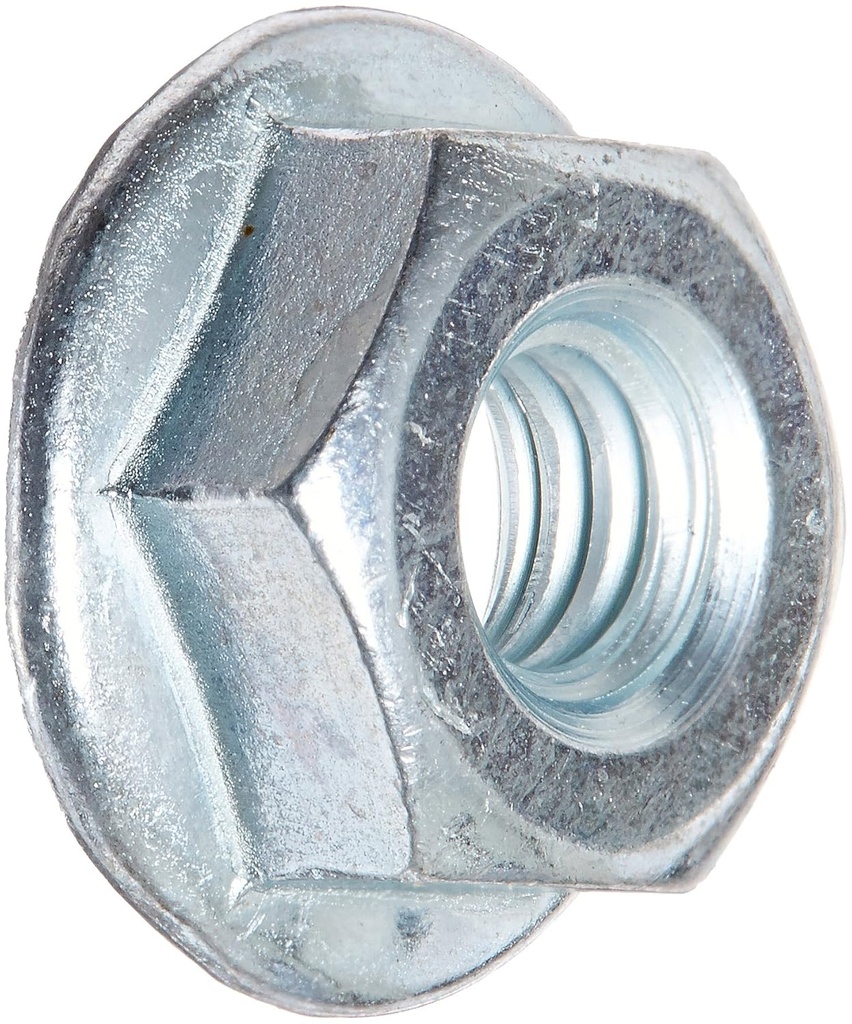 Grade 2 Steel Hex Flange Nut, Zinc Plated Finish, Self-Locking Serrated Flange, ASME B18.2.2, 3/8"-16 Threads, 0.562" Width Across Flats, 0.347" Overall Height (Pack of 100)