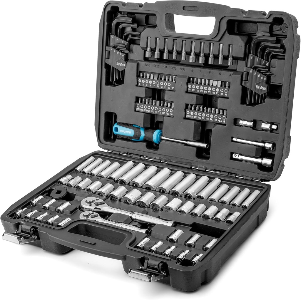 DURATECH 121-Piece Mechanics Tool Kits, Include SAE/Metric Sockets Set, 72-Tooth Drive Ratchet, 40-in-1 Magnetic Screwdriver, and Hex Keys with Carrying Tool Box for Auto Repair
