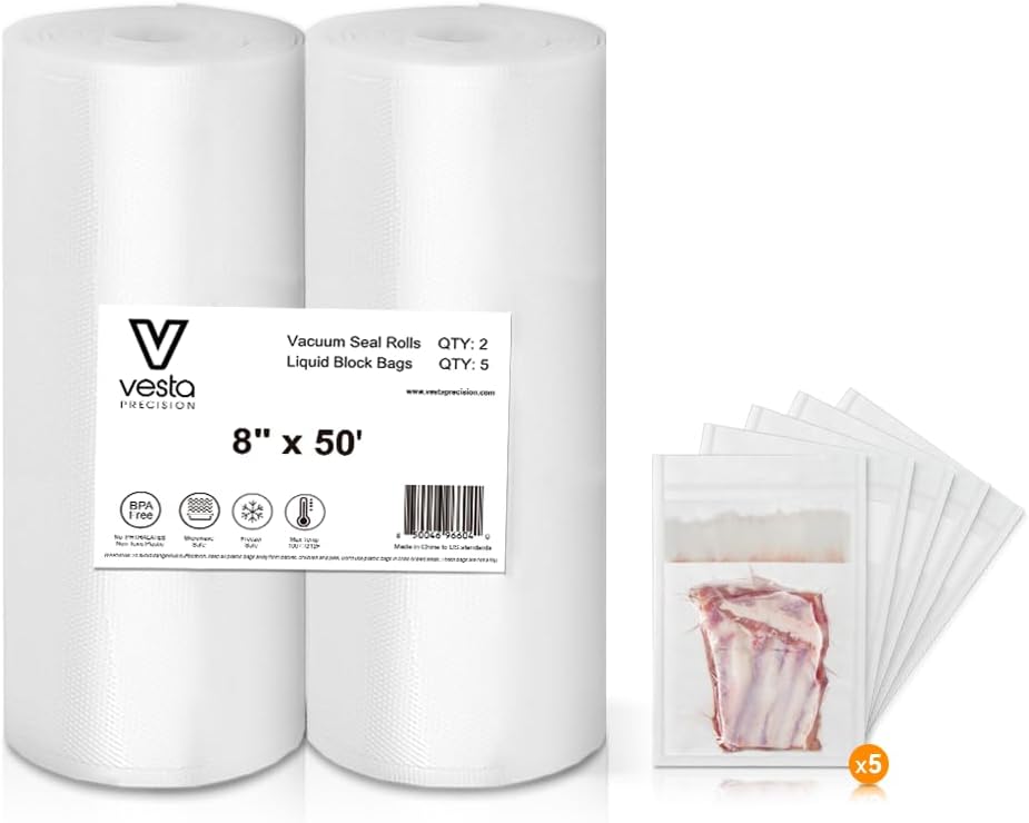 8" x 50' Vacuum Sealer Rolls, 2 Pack with 5 Liquid Block Bags, Perfect for Food Storage, Sous Vide, and Meal Preparation, Lock Fresh and Nutrients