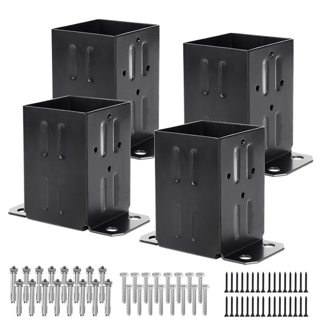 Eapele 4x4 Wood Fence Post Anchor Base, 13GA Thick Steel and Black Powder Coated, Come with Wood Screws and Concrete Anchors(Set of 4)