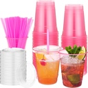 50 Set 12 oz Plastic Pink Cups Glowing Party Pink Disposable Cup with Clear Lids and Straws Disposable Cups Glow in the Dark Drinking Cup Bulk for Weddings Birthdays