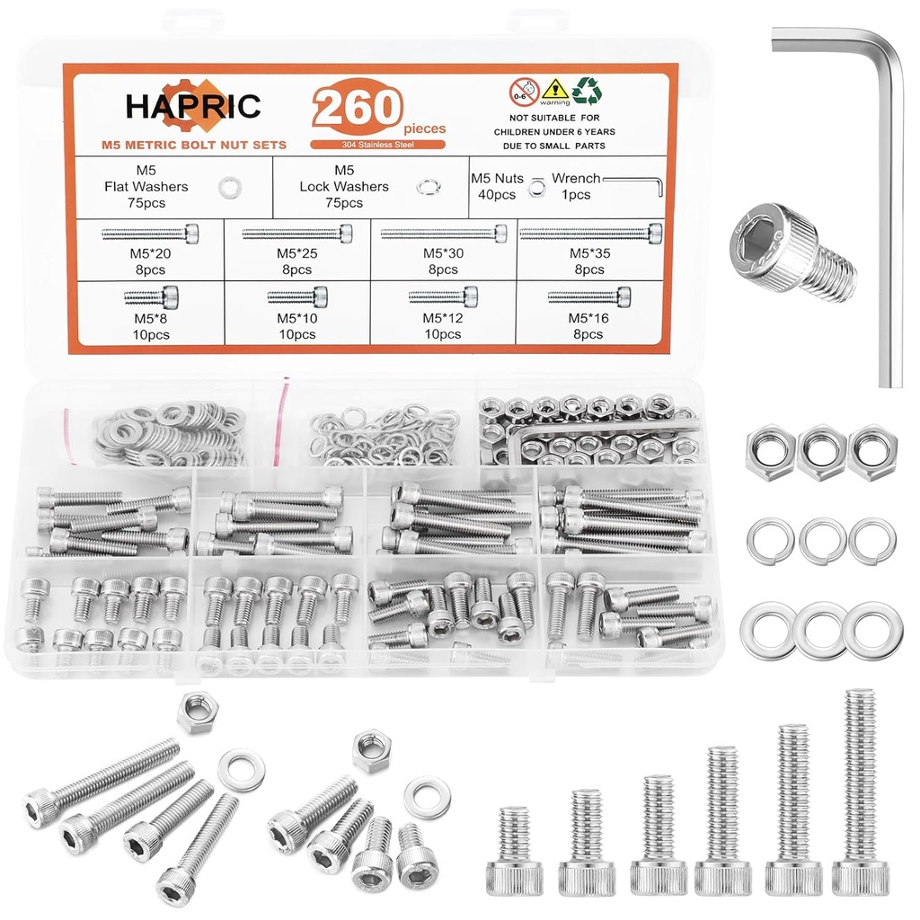 260 Pcs M5 Screws Assortment Kit, M5 Bolts Kit M5x 8/10/12/16/20/25/30/35mm, 304 Stainless Steel Hex Socket Head Screws Nuts Bolts and Washers Set