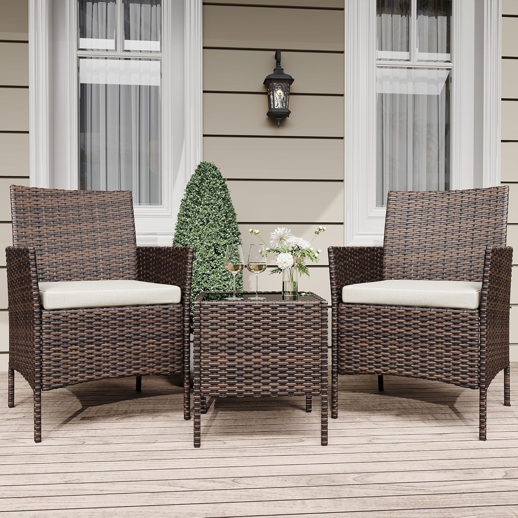 3 Piece Outdoor Patio Furniture Set, Wicker Bistro Table and Chairs Set of 2, Patio Conversation Sets for Garden Front Porch Backyard Poolside Deck