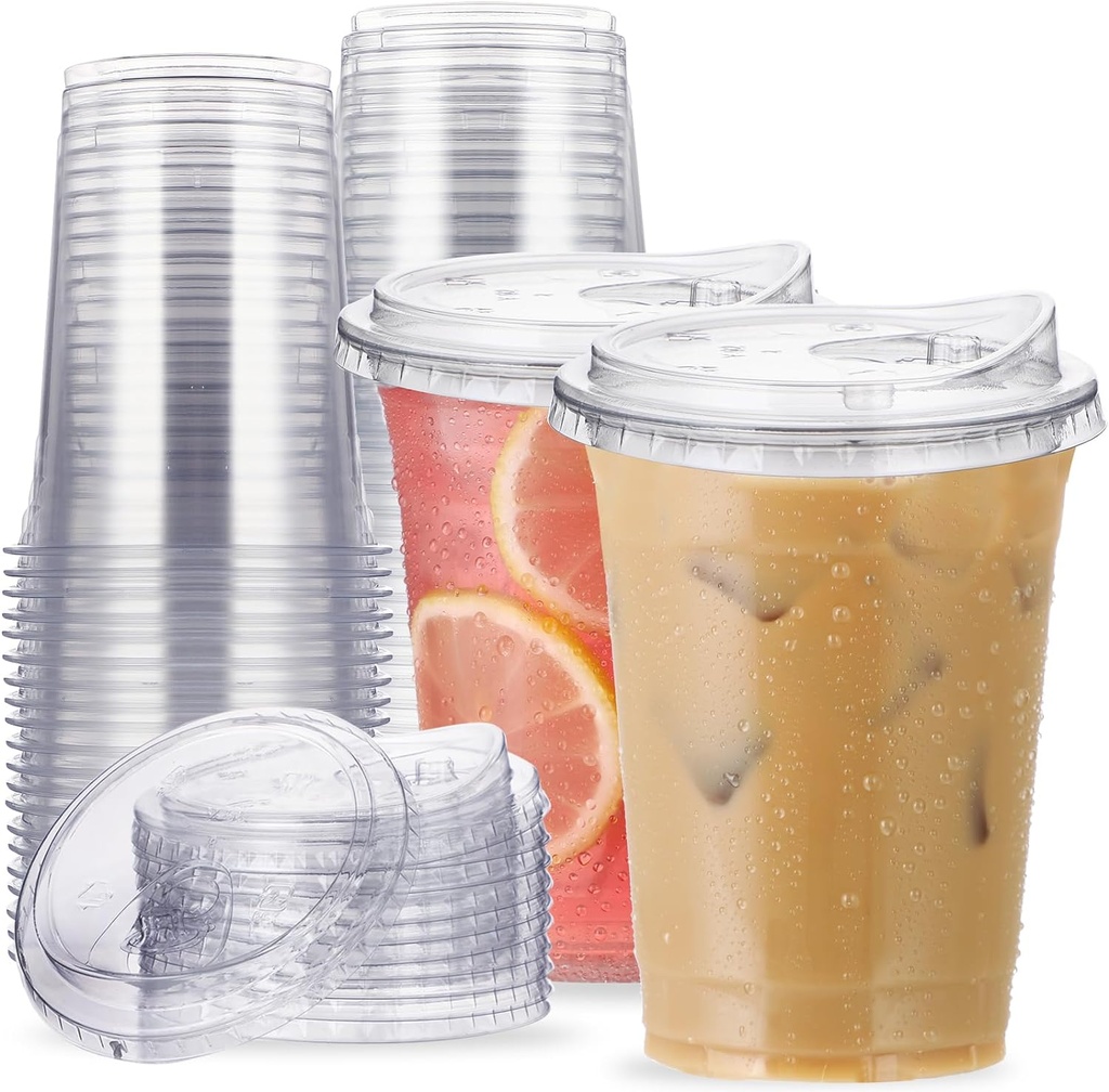 16 oz Clear Plastic Cups with Strawless-Sip-Lids, 25 Sets Disposable Cup Plastic Iced Coffee Cups, To Go Cup with Sip Through Lids for Smoothie, Milkshake, Cold Drinks for Party, Wedding, Event