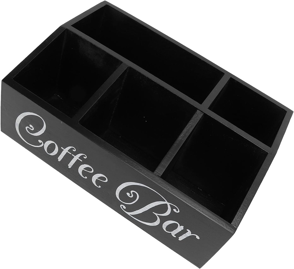 Coffee Station Organizer for Counter, Wood Coffee Pods Holder Storage Basket, Coffee and Tea Condiment Storage Organizer, 12.6x8.3x5in, Black