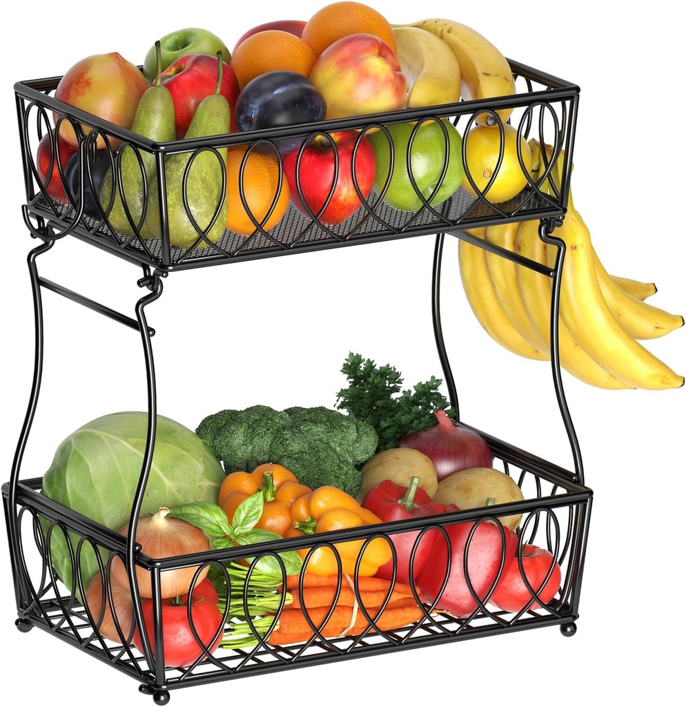 2-Tier Countertop Fruit Basket Bread Bowl for Kitchen, Vegetable Potato Onion Storage Wire Basket, 13.8-Inch, Black