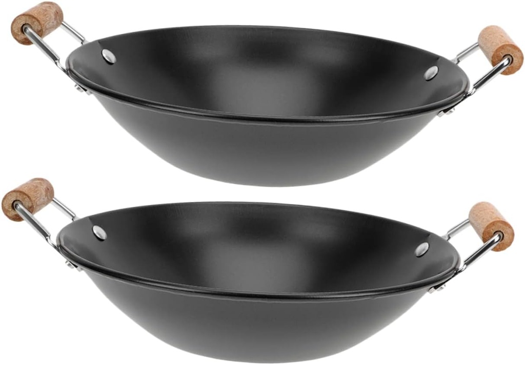 2Pcs Small Wooden Handle Wok Pot Versatile Dry Pot for Chinese Hot Easy to Clean and Convenient for Cooking Gas Electric Stoves