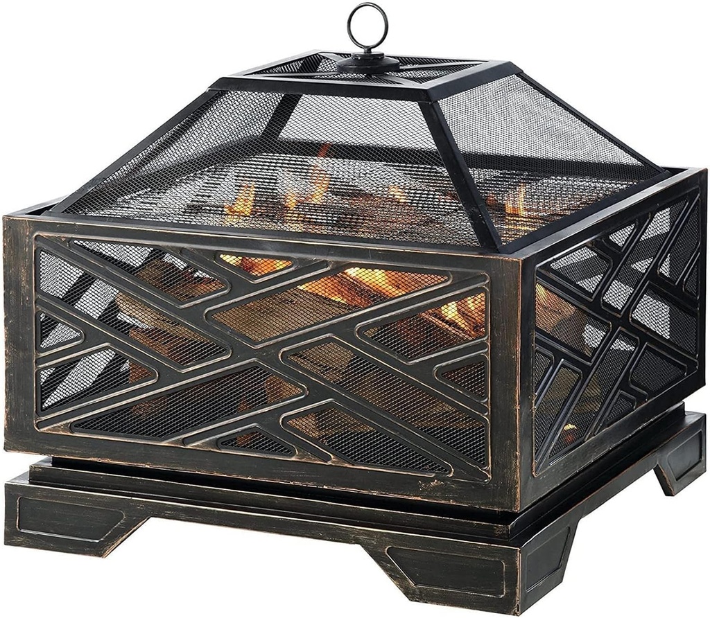 26 Inch Outdoor Fire Pit Iron Square Wood Burning Fireplace Backyard Firepit for Patio BBQ Camping Bonfire with Mesh Cover Grills Poker Bronze