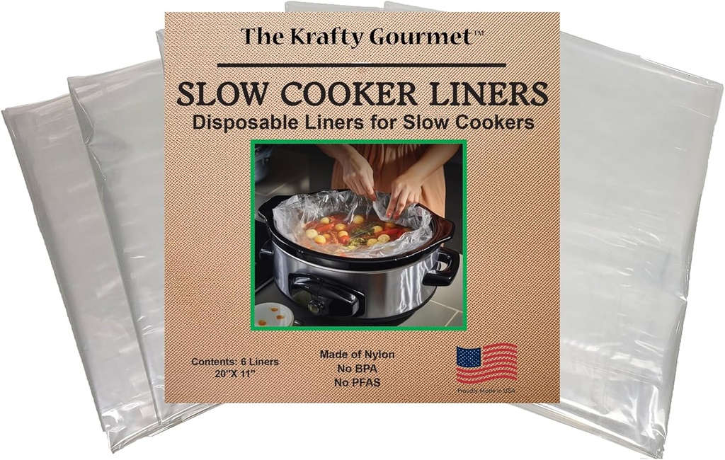 Krafty Gourmet Slow Cooker Saver, Time Saving, Non-Stick Liners For Easy Clean Up After Making Stews Soup and Meat, Store and Reheat Food, 6.5 quarts, Pack of 6