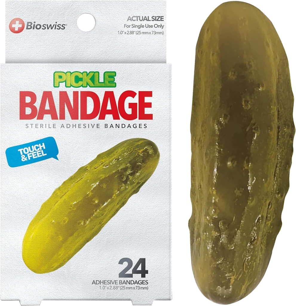 BioSwiss Kids Bandages, Pickle Shaped Self Adhesive Bandage Set, Latex Free, Sterile Wound Care, 24 Count
