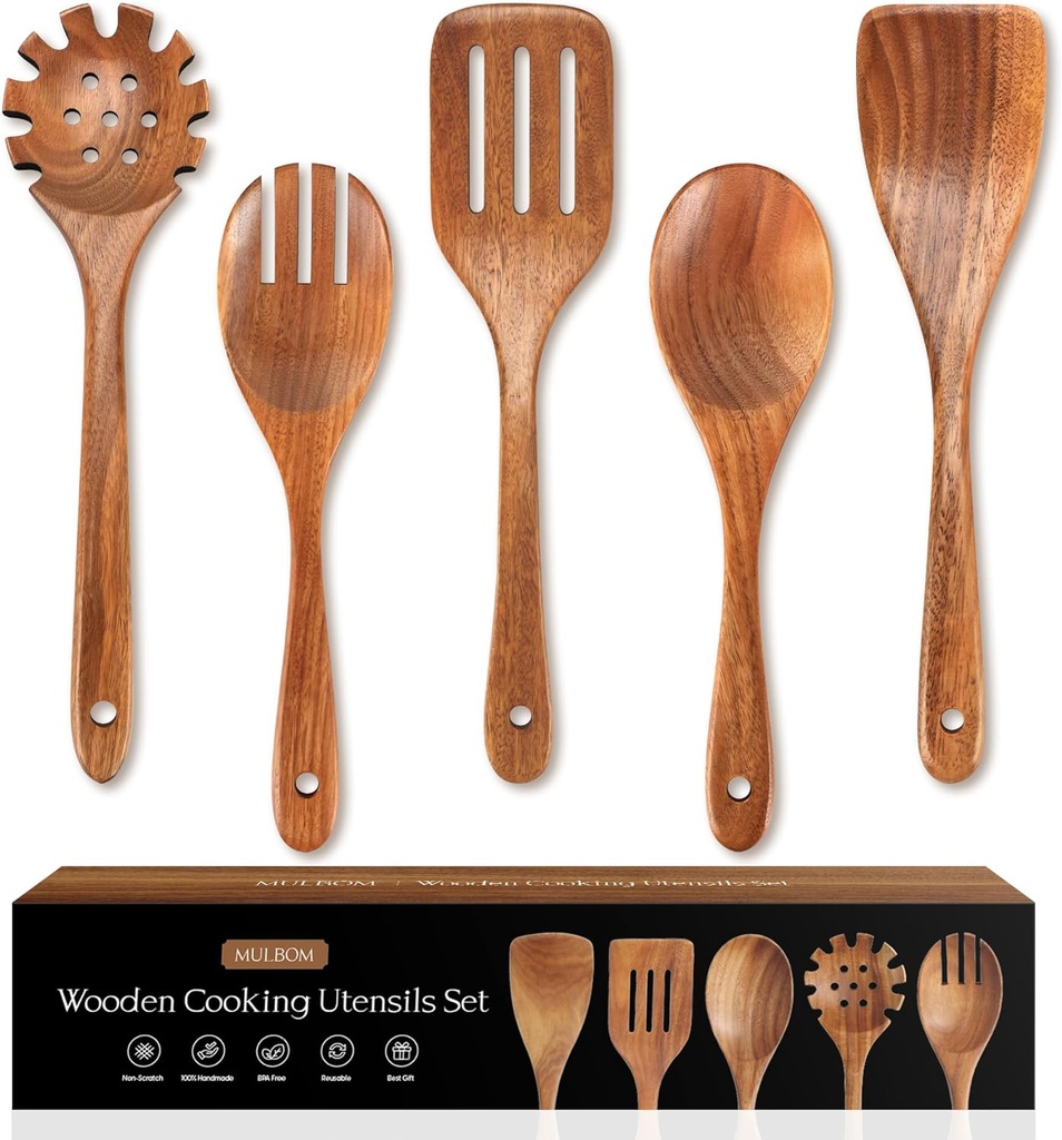 5 PCS Wooden Spoons for Cooking Natural Teak Kitchen Utensils Set Smooth Non-Stick Surface Cooking Utensils Set Soft Comfort-Grip Wooden Spatula Set