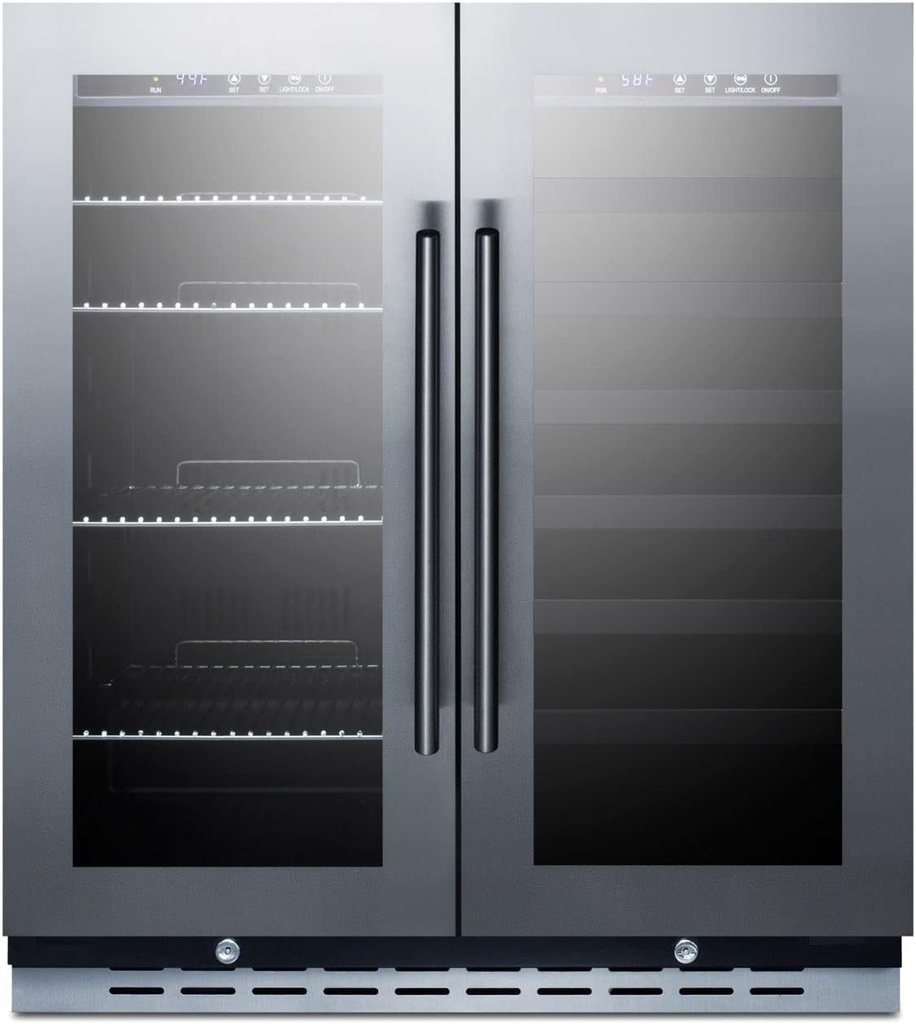 Summit 30” Wine Cellar/Beverage Center Combination Unit, 33 Bottle Capacity, 5.8 cu.ft. Capacity, Built-In Commercial Beverage Center, French Doors, Stainless Steel- SWBV3067B