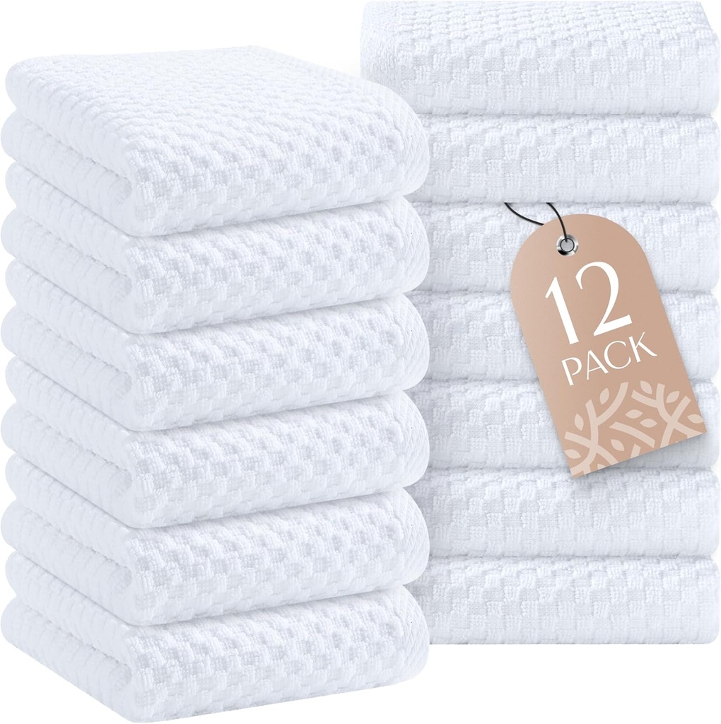 Super Absorbent Kitchen Towels 12 Pack - Premium 100% Cotton Kitchen Towels, 450GSM Thick Machine Washable White Dish Towels for Kitchen Drying, Cleaning, Dobby Weave, Unmatched Quality