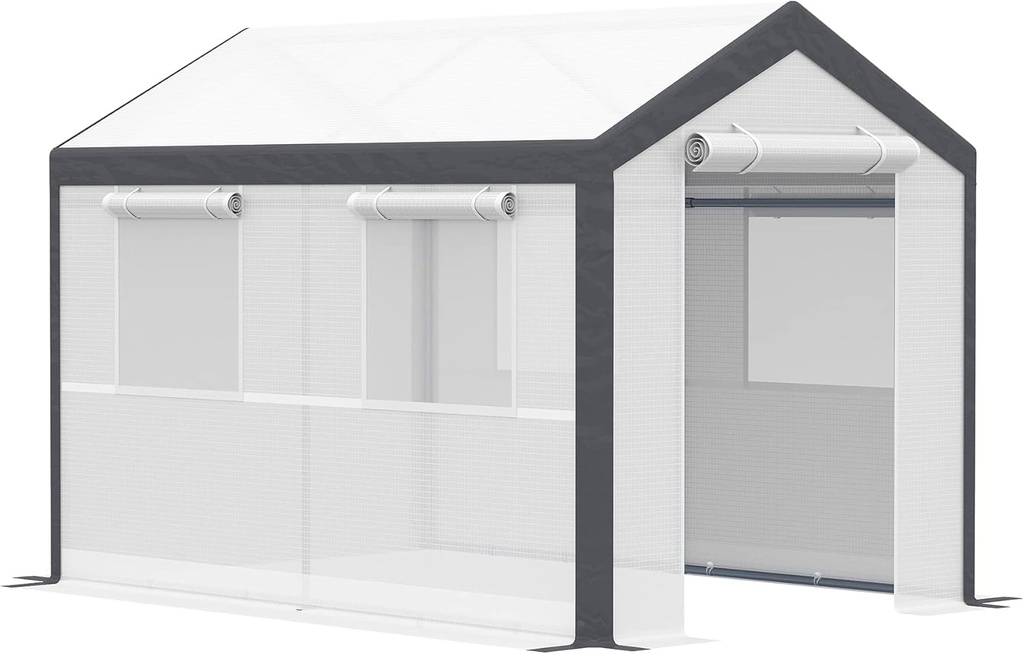 Outsunny 10' x 7' x 7' Greenhouse, Walk-in Outdoor Tunnel Green House with PE Cover, Steel Frame, 2 Roll-Up Zipper Doors & 4 Windows for Flowers, Vegetables, Tropical Plants, White