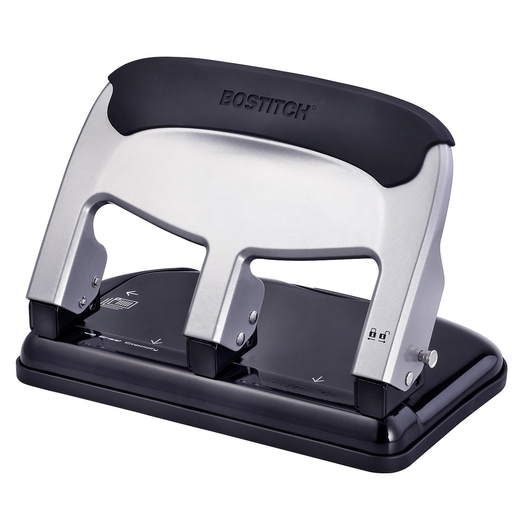 Bostitch Office EZ Squeeze Heavy Duty 3-Hole Punch voor Home Office & School, 40-blad capaciteit, One-Touch verminderd Force, Sleek zilver ontwerp