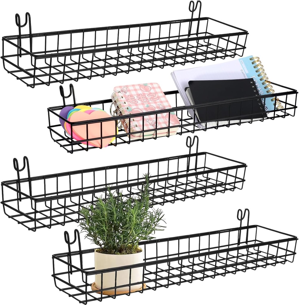 4 Pcs 15.75 x 3.94 x 1.97 Inch Metal Grid Wall Baskets with Hooks Grid Wall Shelves Hanging Wire Basket Multi Function Storage Organizer for Kitchen Organizing Display (Black)
