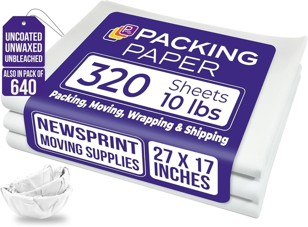 Purple Papers White Bulk Packing Paper | 320 sheets | 27" x 17" | 10 lb | Sheets for Moving - Newsprint Paper - Must Have in Your Moving Supplies | Newsprint Papers | Packaging Paper
