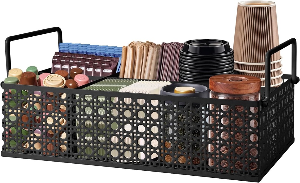 Coffee Bar Organizer, Metal Countertop Station With Handles, Coffee Pods Holder, Tea Condiment Organizer, Mesh Black
