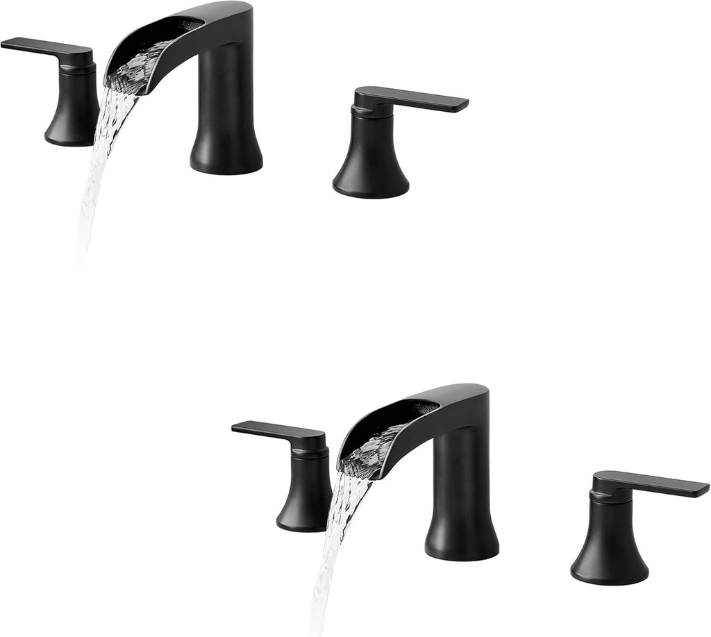 Black Bathroom Faucet 3 Hole Brass Bathroom Waterfall Faucet 2 Handle 4-16 Inch Widespread Bathroom Sink Faucets, Solid Brass Waterfall Bathtub Faucets Set 3 Hole Matte Black Tub Faucet 2 Handle