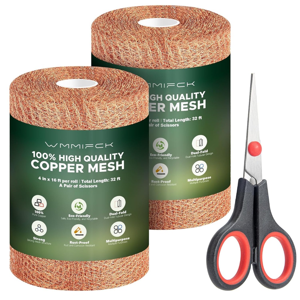 3rd Gen Copper Mesh Rodent Control Kit, 100% Pure Copper Wool for Slugs Snail Pest Bird Mice Rat Control, 2 Rolls Mesh Roll Wrap Wire with Scissors