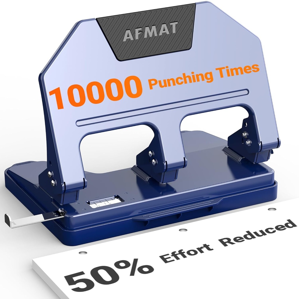 AFMAT HPX3 Heavy Duty 3 Hole Punch, 40-Sheet 3 Hole Puncher for Binder, Metal Three Hole Punch w/ 10,000+ Uses, 50% Reduced Effort, Bulit-in S.S. Paper Guide, Large Chip Tray, Blue