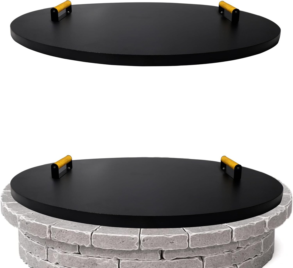 28” Round Fire Pit Lid – Powder Coated fire pit cover round metal for Outdoor Fireplace -16 Gauge Steel Flat Fire Pit Burner Pan Cover with 2 Wooden Handles Snuffer Lid for Round Patio Fire Pit Ring