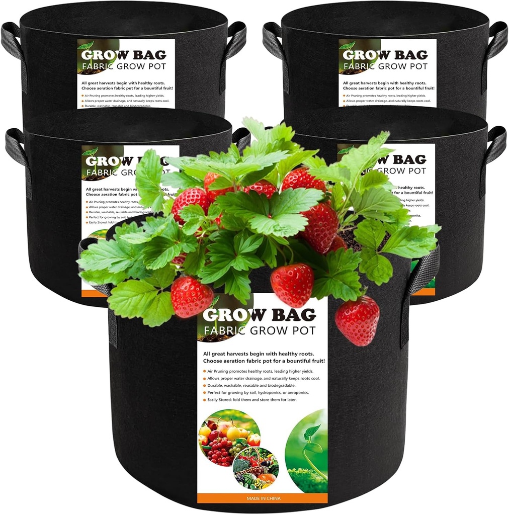 5 Pack 5 Gallon Grow Bags, Thickened Aeration Nonwoven Fabric Plant Pots with Handles, Heavy Duty 300G Garden Planting Bag for Tomato, Potato, Strawberry, Vegetable, Fruits and Flowers