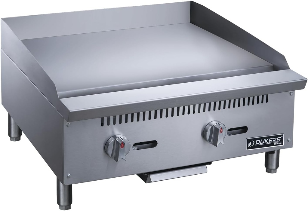 Dukers DCGM24 24 in. W Commercial Countertop Gas Griddle, 2 Burner, NG/LPG (Natural Gas/Liquid Propane) 60,000 BTU 3/4 Plate with Manual Controls