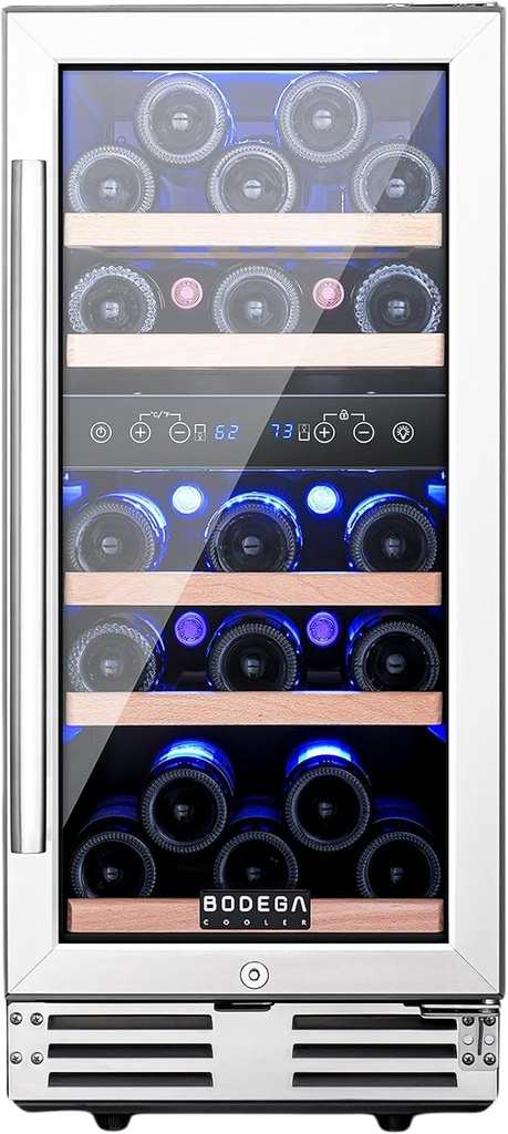 BODEGA 30 Bottles Wine Cooler, 15 Inch Dual Zone Wine Fridge with Double-Layer Glass Door, wine cooler refrigerator with Digital Temperature Control and Temperature Memory,wine cooler for home.