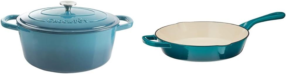 Crock-Pot Artisan Oval Enameled Cast Iron Dutch Oven (7-Quart) and Skillet (10 Inch) Bundle, Teal Ombre