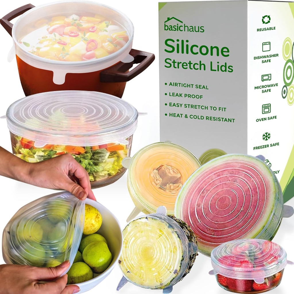 Reusable Silicone Stretch Lids for Food Storage in Fridge - Elastic Heat-Resistant Bowl Covers, Cups, Cans, Jars - Universal Food Grade Lid for Round and Rectangle Containers - Dishwasher Safe -7 Pack