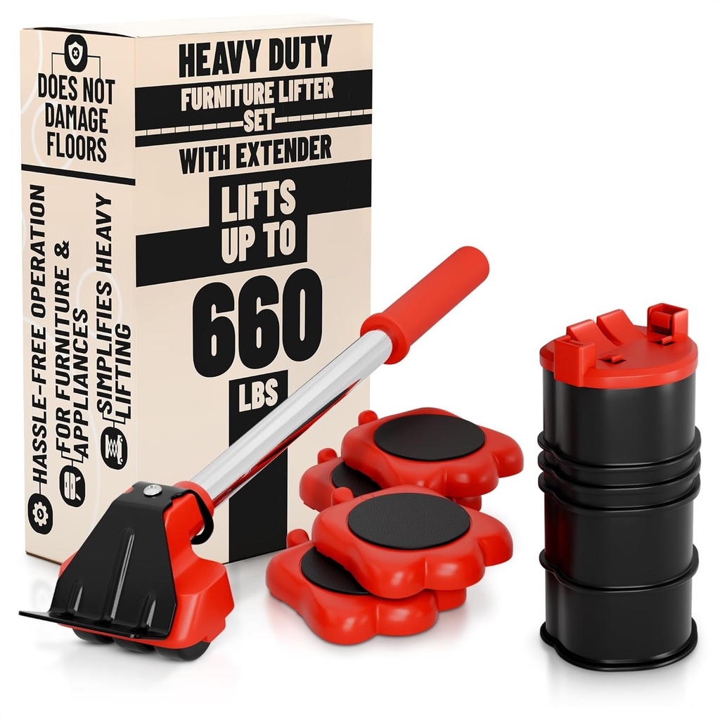 Furniture Lifter Tool with 4 Appliance Rollers 660 Lbs - Furniture Lifters for Heavy Furniture Movers with Wheels Furniture Lift Mover Tool Set - Heavy Furniture Sliders Moving Furniture Gliders Red