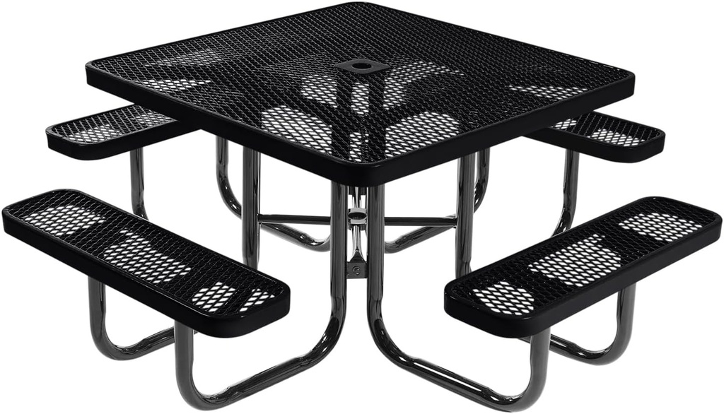 Coated Outdoor Furniture Heavy-Duty Portable Outdoor Picnic Table with Umbrella Hole, Expanded Metal Commercial-Grade Patio Dining Furniture Made in America (46" Square Top, Black)