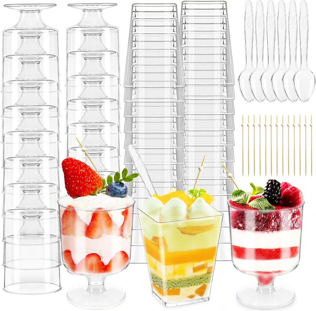 200 Pack Mini Dessert Cups with Spoons and Toothpicks,Clear Plastic Dessert Parfait Cup,Square Dessert Glasse Round Goblet for Parties,Ice Cream,Fruit,Cake,Pudding(5 OZ)