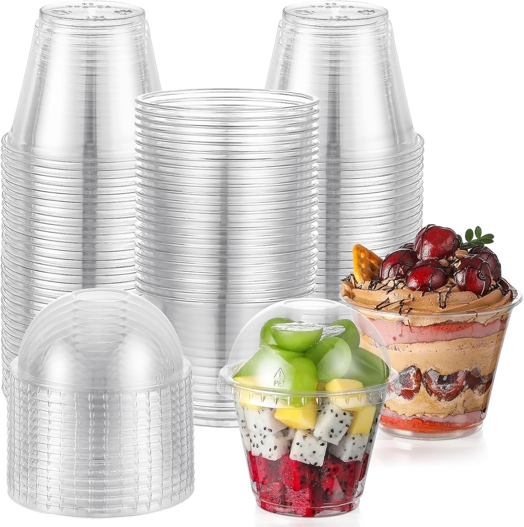 AOZITA 50 Sets, 9 oz Clear Plastic Cups with Dome Lids (No Hole) - Disposable Cups for Ice Cream,Cake,Fruit,Parfait, Dessert, Pudding and Jello Shot