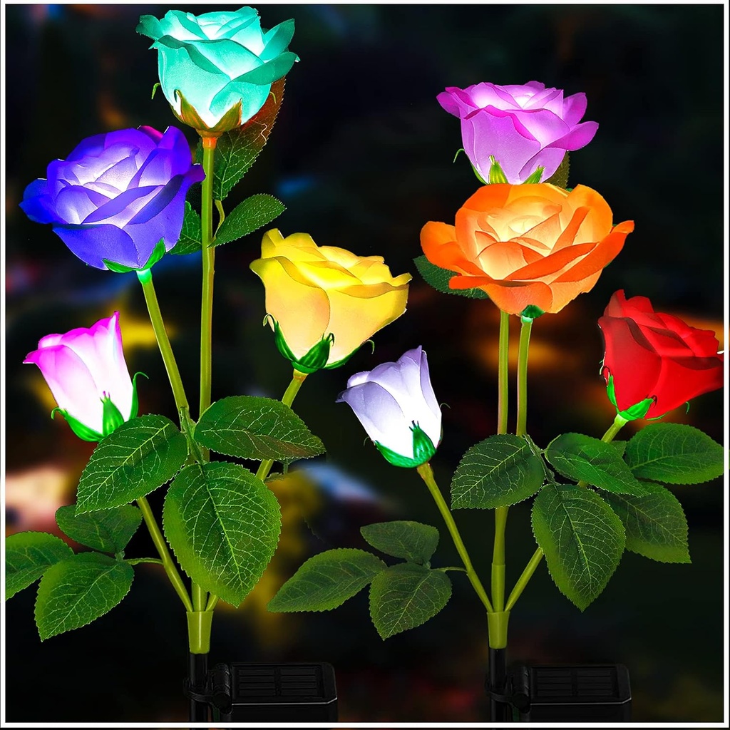 TONULAX Solar Garden Lights - Upgraded Outdoor Light, 7-Color Changing Rose Lights for Yard,Garden Decoration, Enlarged Solar Panel, More Realistic Rose Flower (2 Packs)