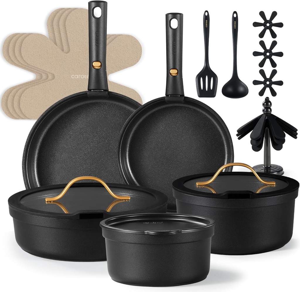 CAROTE 20pcs Pots and Pans Set Non Stick, Nonstick Cookware Set, Dishwasher/Oven/Fridge Safe Pots and Pans, Removable Handle RV Oven Safe Cookware, Induction Kitchen Set, Black
