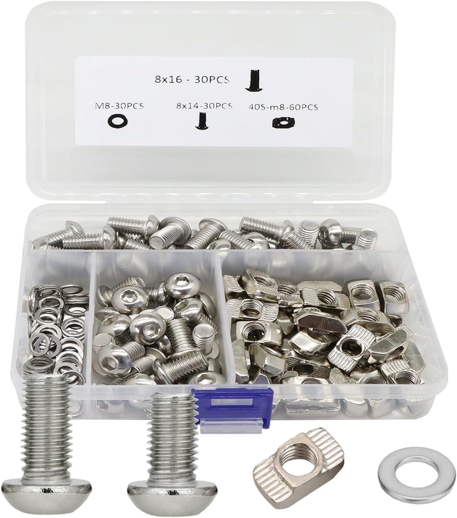 150Pcs M8 T-Nuts Screws Kit for 4040 4080 Series Aluminum Extrusion Profile Bracket with 30Pcs M8x14 M8x16 Hexagon Socket Bolts, 60Pcs 40 Series M8 Drop-in T Nut, 30Pcs Washers