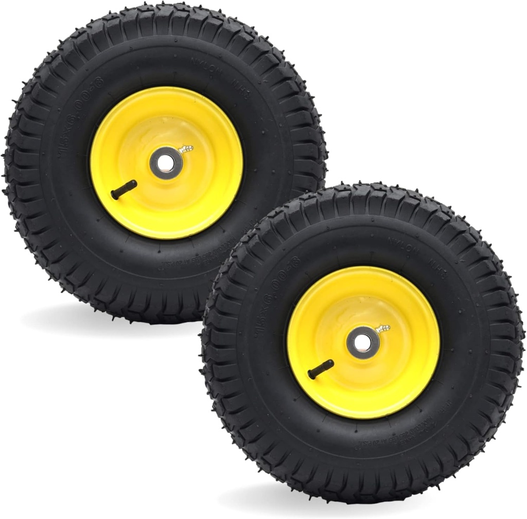 AR-PRO Exact Replacement 15" x 6.00-6" Front Tire and Wheel Assemblies Compatible with John Deere Riding Mowers 100 and D100 Series - 3" Centered Hub and 3/4" Bushings, 4Ply Pneumatic (Set of 2)