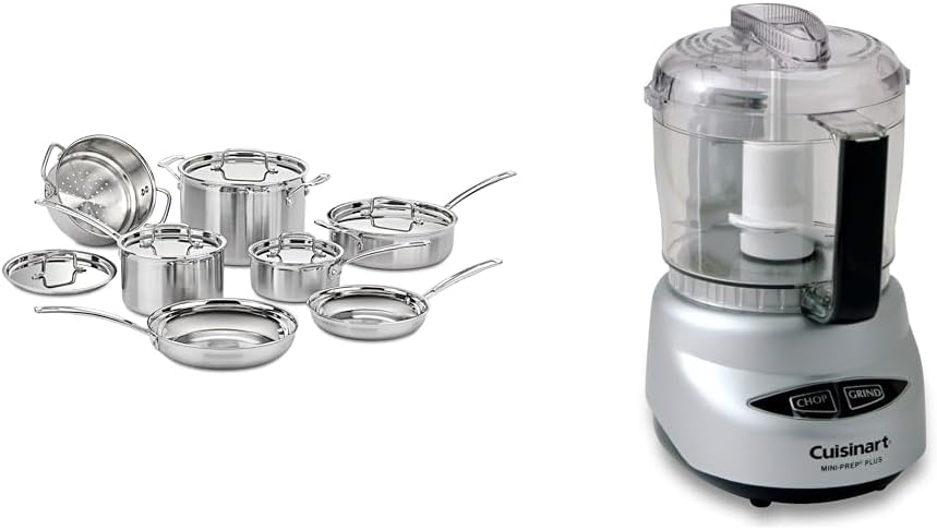 Cuisinart 12 Piece Cookware Set, MultiClad Pro Triple Ply, Silver, MCP-12N & Food Processor, Mini-Prep 3 Cup, 24 oz, Brushed Chrome and Nickel, DLC-2ABC