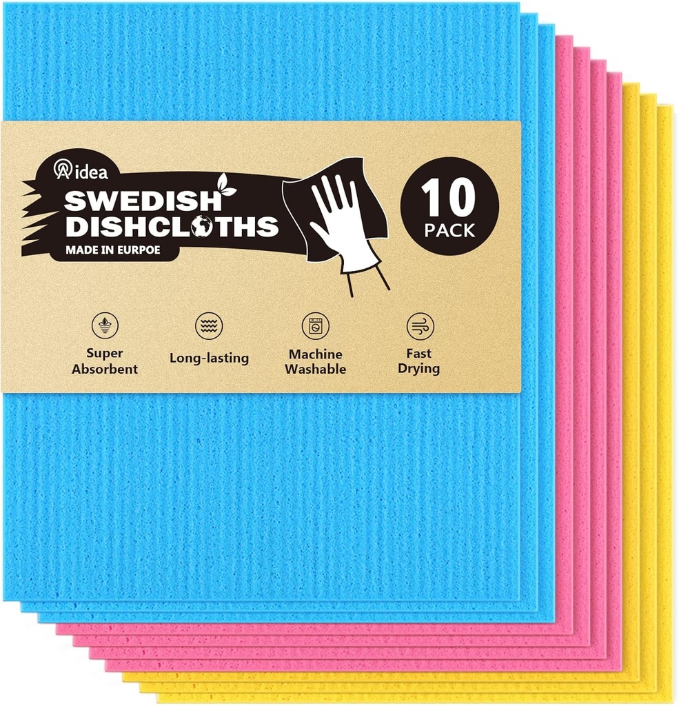 AIDEA Swedish Dish Cloth, 10PK, Swedish Dishcloths for Kitchen, Reusable Paper Towels Washable, Sponge Cloths Kitchen, Absorbent Dish Rags, Dish Towels Cloth, 7"x6"
