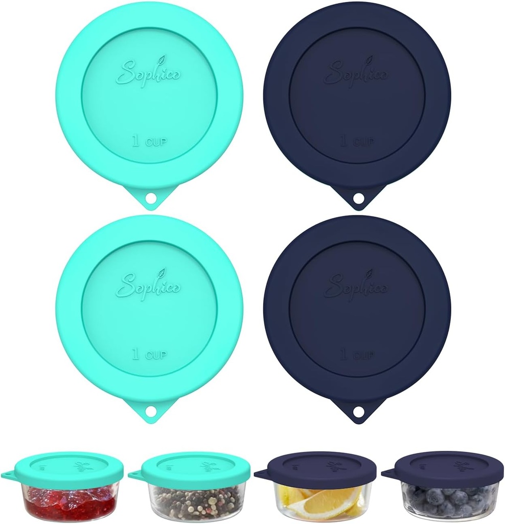 Sophico 1 Cup Round Silicone Storage Cover Lids Replacement for Anchor Hocking and Pyrex 7202-PC Glass Bowls (Container not Included) (Mint - Navy Blue)
