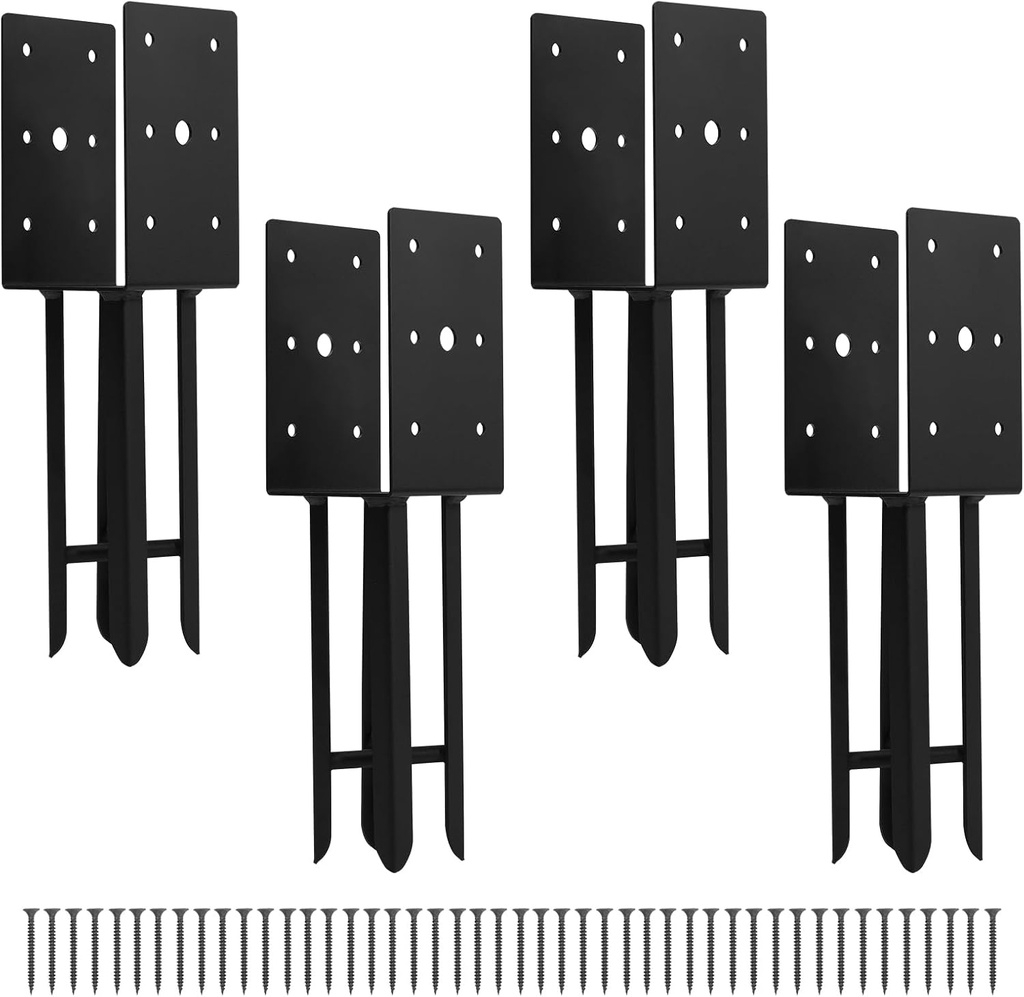 4"x 4" Wet Concrete Fence Post Anchor 4 Pcs(Inner Dia 3.6"x3.6") Heavy Duty U Shape Fence Post Holder Ground Spike Metal Black Powder Coated for Fence, Railing, Pergola Wood Post Bracket Anchor