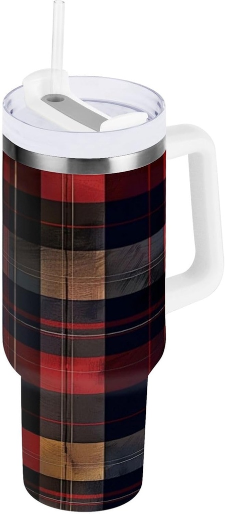 40 oz Tumbler With Handle and Straw Lid, Stainless Steel Vacuum Insulated Tumbler for Water, Iced Tea or Coffee, Easy to Clean (Red Checkered)