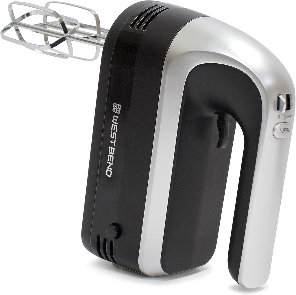 West Bend Hand Mixer Plus with Immersion Blender Attachment, 6 Speed Options with Ergonomic Handle and Snap-On Storage Case, 250-Watts, Black