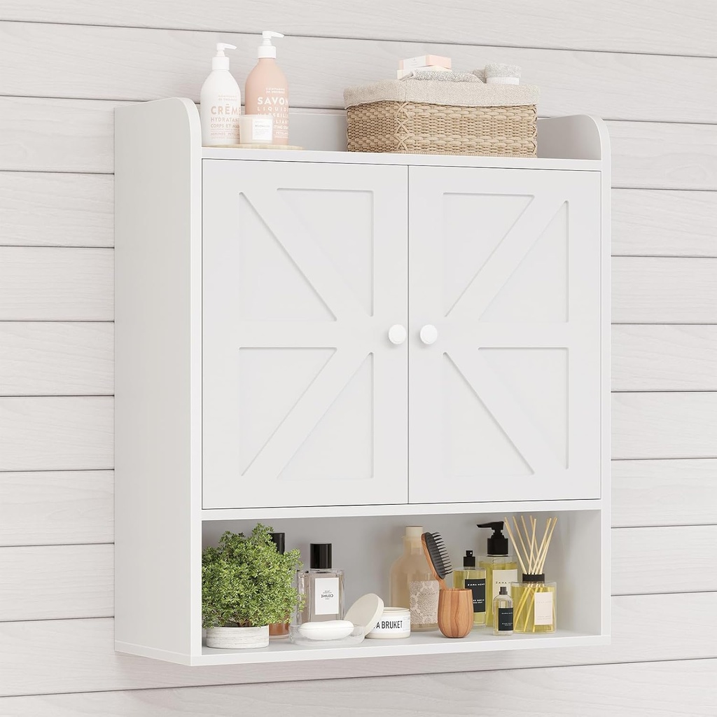 EasyCom 22" W x 26" H Bathroom Wall Cabinet, Farmhouse Medicine Cabinet with Adjustable Shelves and Double Barn Doors, Over The Toilet Storage Cabinet for Bathroom, Kitchen, Living Room, White