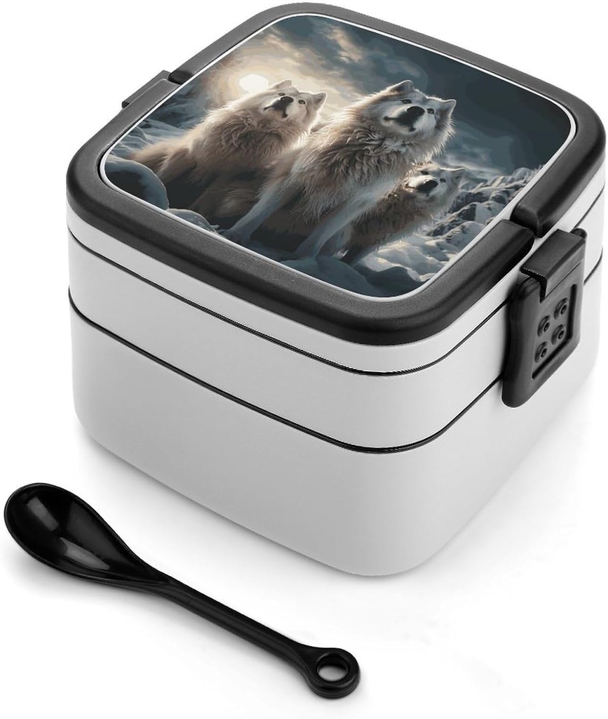 Wolf Tribe Bento Box with Spoon, 2-layer Stackable Lunch Box Leak Proof with Invisible Handle, Insulated Food Storage for Office, Picnic & Travel