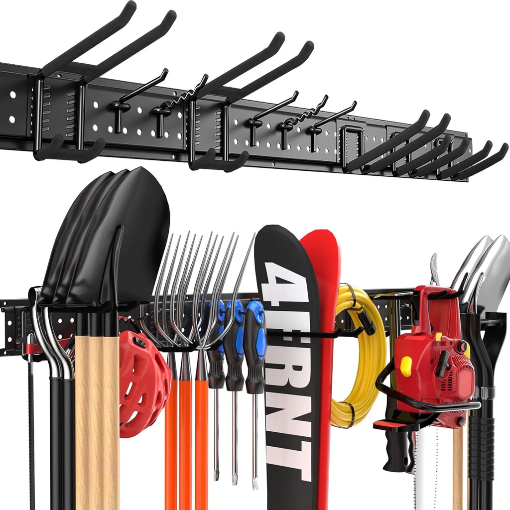 Garage Tool Organizer Wall Mount 48 inches with 10 Adjustable Heavy-Duty Hooks, Garage Organization, Garden Tool Storage Rack, Yard, and Shed, Holds Up to 400 lbs